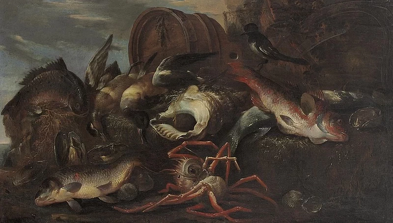 Una natura morta di pesci, conchiglie e selvaggina
